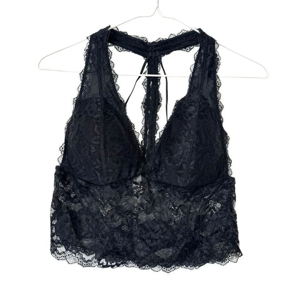 Wishlist Floral Lace Racerback V-Neck Padded Stretch Brallette Black Large